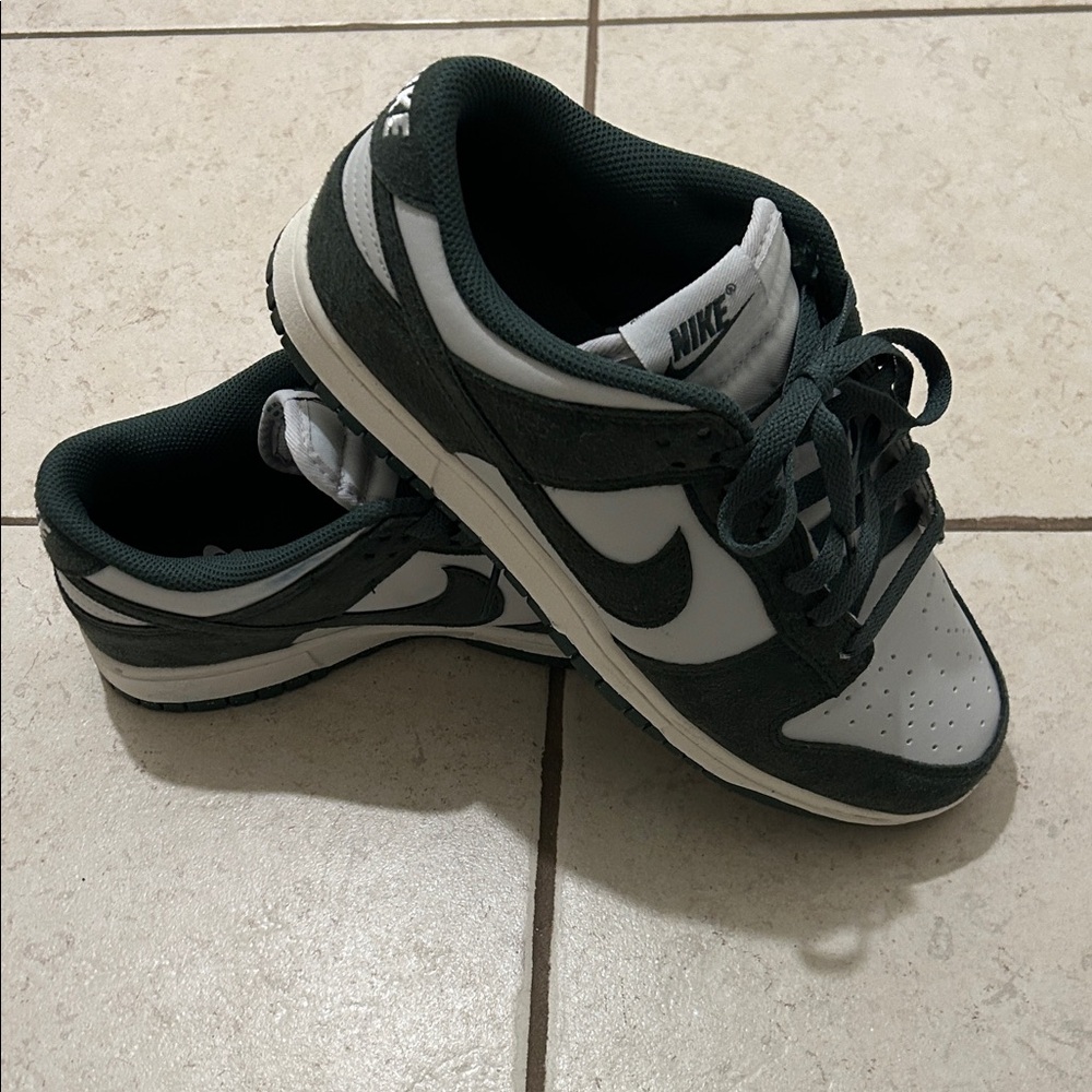 Nike Dunk Low in Dark Green and White with Black Swoosh